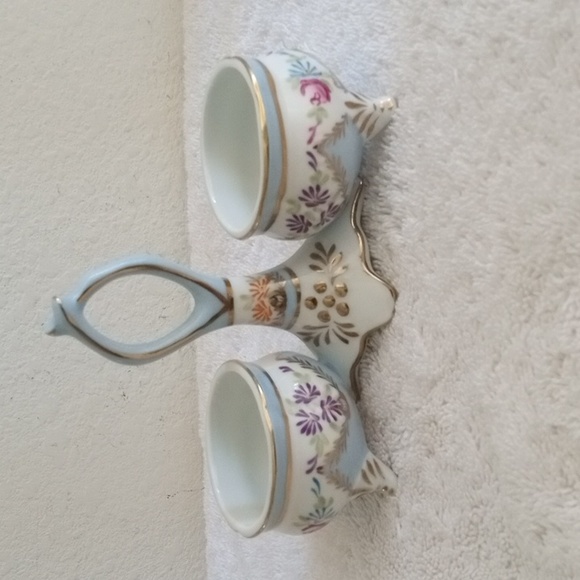 Vintage Limoges China Double Open Salt Server w Handle Blue w Flowers Porcelain - Picture 2 of 13